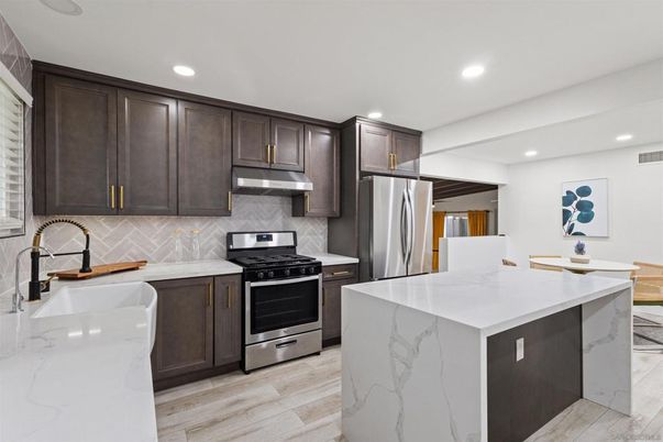 Interior, Kitchen, Recessed Lighting, Stainless Steel Appliances, Wood Texture Flooring