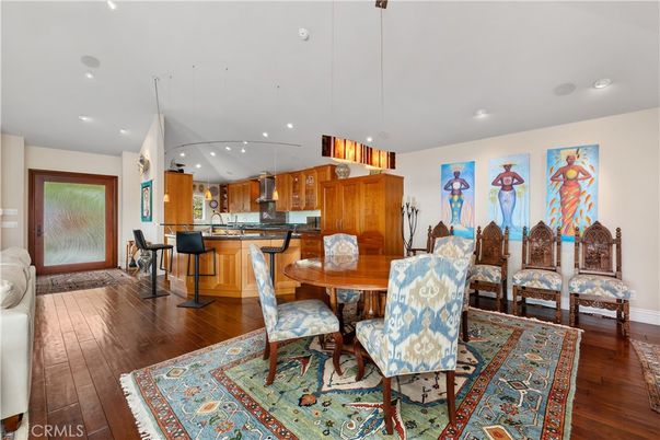 Dining room, Interior, Kitchen, Pendant Lights, Recessed Lighting, Wood Texture Flooring