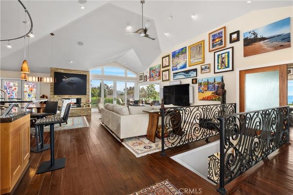 Fireplace, Interior, Living room, Pendant Lights, Recessed Lighting, Wood Texture Flooring