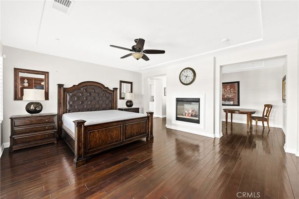 Bedroom, Fireplace, Interior, Wood Texture Flooring