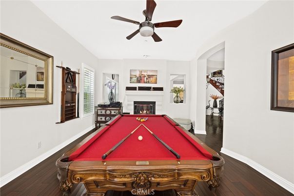 Billiard Table, Fireplace, Game Room, Interior, Wood Texture Flooring