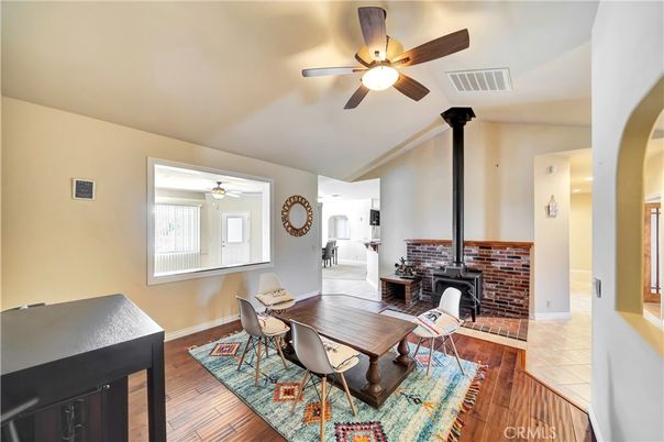 Dining room, Fireplace, Interior, Wood Texture Flooring