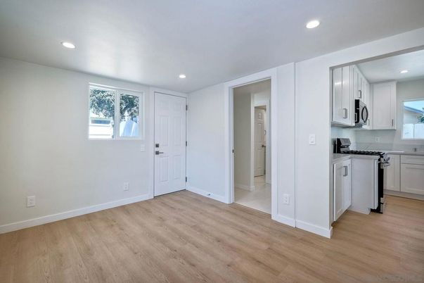 Empty room, Interior, Kitchen, Recessed Lighting, Wood Texture Flooring