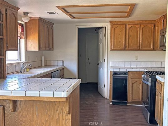 Interior, Kitchen, Tile Countertops, Wood Texture Flooring