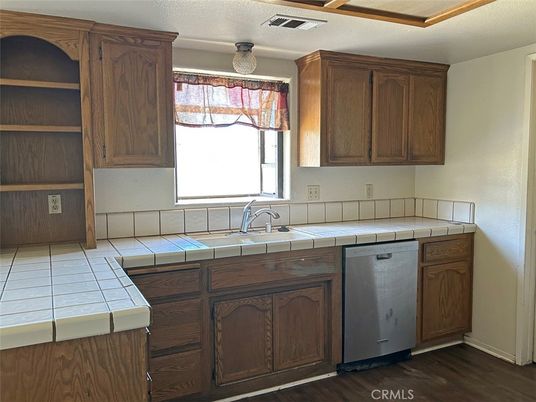 Interior, Kitchen, Tile Countertops, Wood Texture Flooring