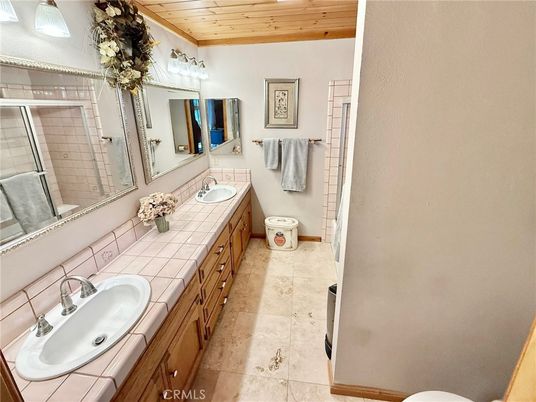 Bathroom, Dual Sink Vanities, Interior, Tile Countertops, Wooden Ceilings