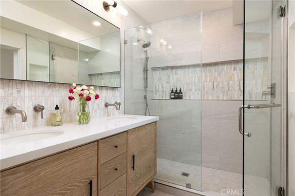 Bathroom, Dual Sink Vanities, Glass Shower, Interior, Recessed Lighting