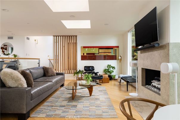 Fireplace, Interior, Living room, Recessed Lighting, Wood Texture Flooring