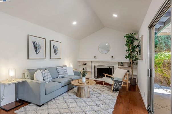 Fireplace, Interior, Living room, Recessed Lighting, Wood Texture Flooring