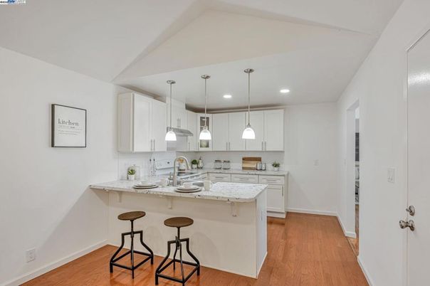 Interior, Kitchen, Pendant Lights, Recessed Lighting, Wood Texture Flooring
