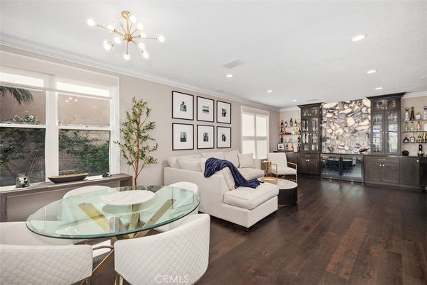Dining room, Interior, Living room, Pendant Lights, Recessed Lighting, Wood Texture Flooring