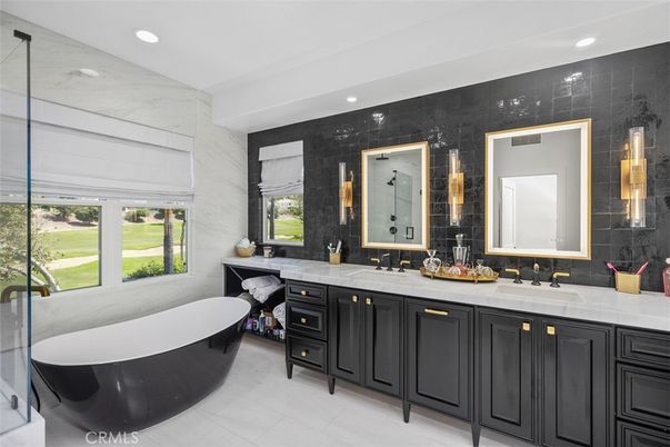 Bathroom, Dual Sink Vanities, Free Standing Baths, Glass Shower, Interior, Marble Walls, Recessed Lighting