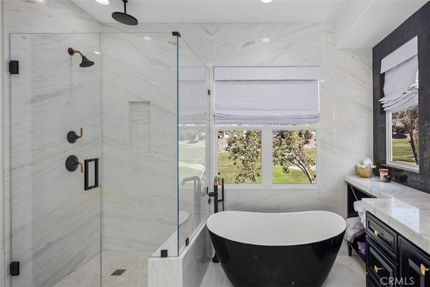 Bathroom, Free Standing Baths, Glass Shower, Interior, Marble Walls, Recessed Lighting