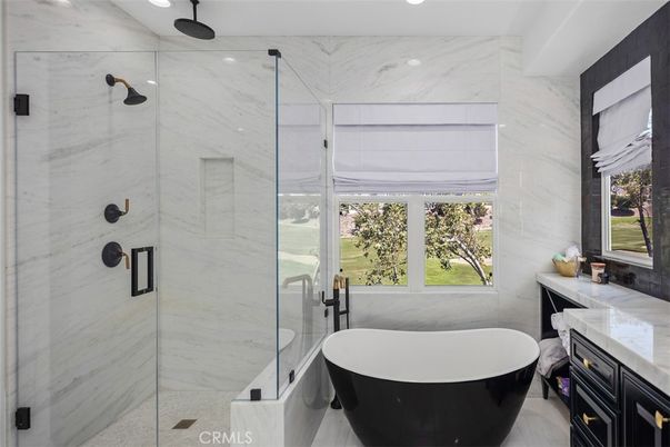 Bathroom, Free Standing Baths, Glass Shower, Interior, Marble Walls, Recessed Lighting