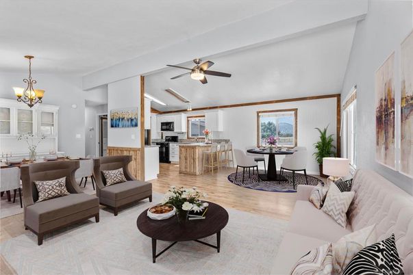 Chandelier, Dining room, Interior, Kitchen, Living room, Stainless Steel Appliances, Wood Texture Flooring