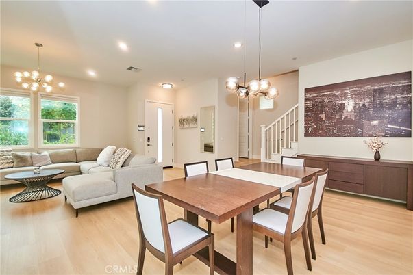 Dining room, Interior, Living room, Pendant Lights, Recessed Lighting, Wood Texture Flooring