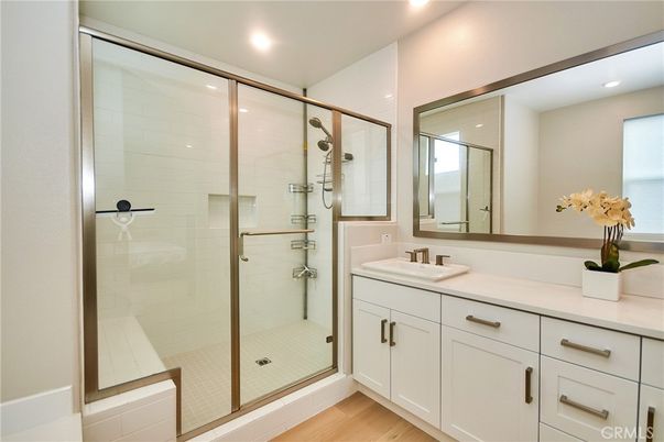 Bathroom, Glass Shower, Interior, Recessed Lighting, Wood Texture Flooring