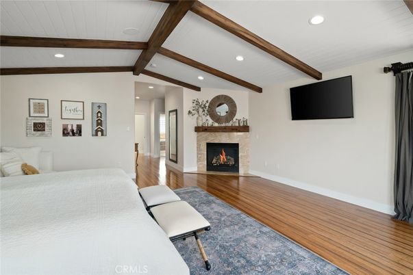 Bedroom, Fireplace, Interior, Recessed Lighting, Wooden Beams, Wood Texture Flooring