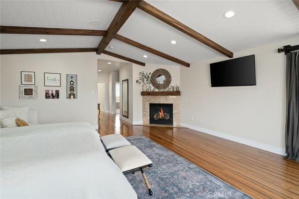Bedroom, Fireplace, Interior, Recessed Lighting, Wooden Beams, Wood Texture Flooring