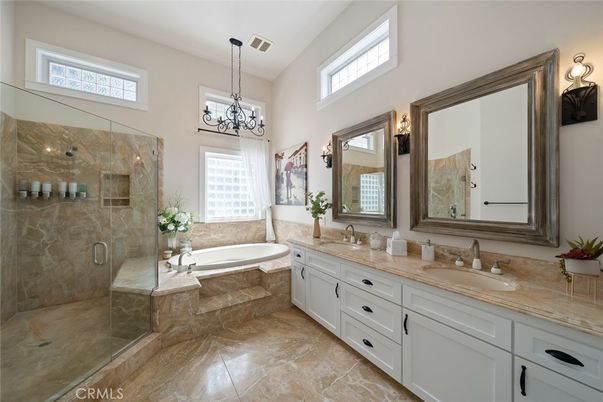 Bathroom, Chandelier, Dual Sink Vanities, Glass Shower, Interior