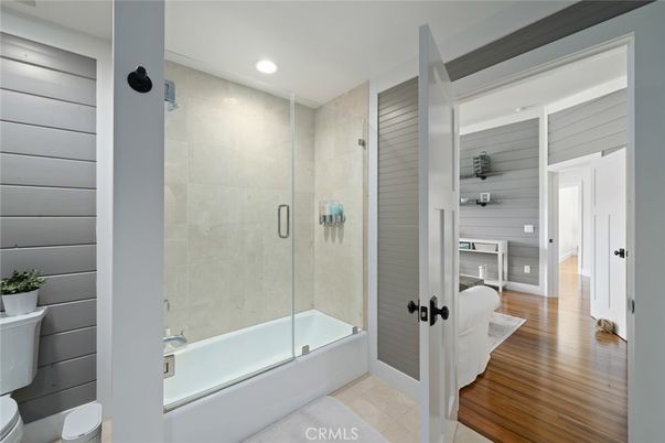 Bathroom, Glass Shower, Interior, Recessed Lighting, Wood Texture Flooring