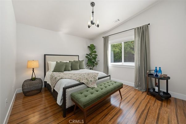 Bedroom, Interior, Pendant Lights, Wood Texture Flooring