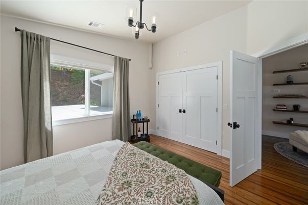 Bedroom, Interior, Pendant Lights, Wood Texture Flooring