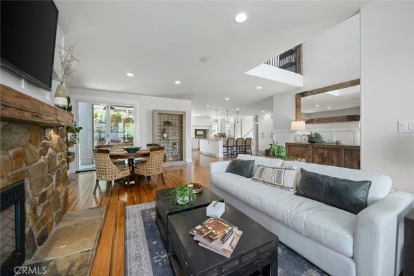 Dining room, Fireplace, Interior, Kitchen, Living room, Pendant Lights, Recessed Lighting, Stone Walls, Wood Texture Flooring