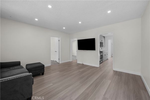 Empty room, Interior, Kitchen, Recessed Lighting, Wood Texture Flooring