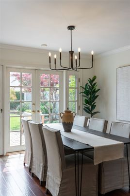 Chandelier, Dining room, Interior, Wood Texture Flooring