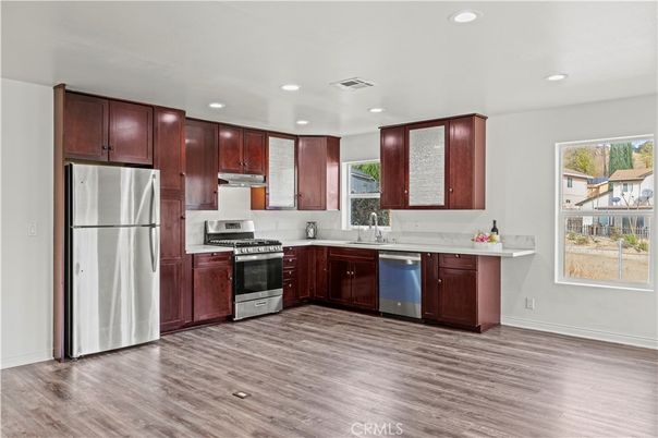 Interior, Kitchen, Recessed Lighting, Stainless Steel Appliances, Wood Texture Flooring