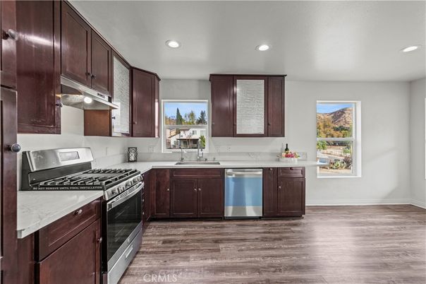 Interior, Kitchen, Recessed Lighting, Stainless Steel Appliances, Wood Texture Flooring