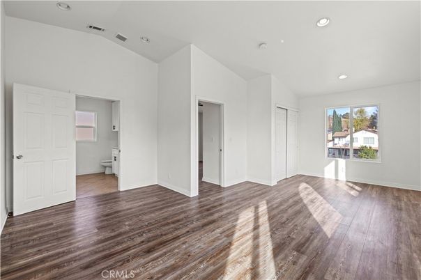 Bathroom, Empty room, Interior, Recessed Lighting, Wood Texture Flooring