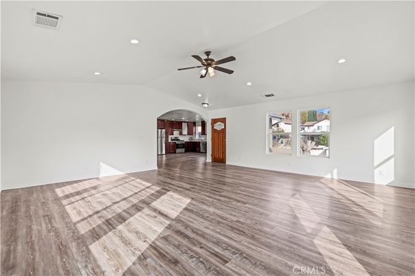 Empty room, Interior, Kitchen, Recessed Lighting, Wood Texture Flooring