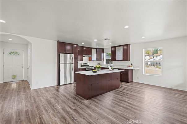 Interior, Kitchen, Recessed Lighting, Stainless Steel Appliances, Wood Texture Flooring