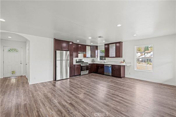 Interior, Kitchen, Recessed Lighting, Stainless Steel Appliances, Wood Texture Flooring