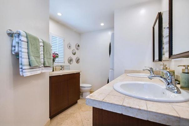 Bathroom, Dual Sink Vanities, Interior, Recessed Lighting, Tile Countertops