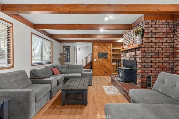 Fireplace, Interior, Living room, Recessed Lighting, Stone Walls, Wooden Beams, Wood Texture Flooring, Wooden Walls