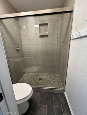 Bathroom, Glass Shower, Interior, Wood Texture Flooring