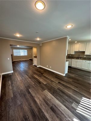 Empty room, Interior, Kitchen, Recessed Lighting, Wood Texture Flooring