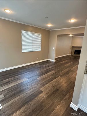 Empty room, Fireplace, Interior, Recessed Lighting, Wood Texture Flooring