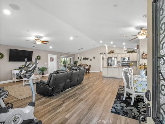 Dining room, Interior, Kitchen, Living room, Recessed Lighting, Wood Texture Flooring
