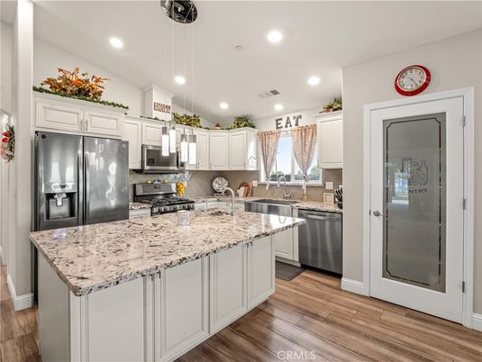 Interior, Kitchen, Pendant Lights, Recessed Lighting, Stainless Steel Appliances, Wood Texture Flooring