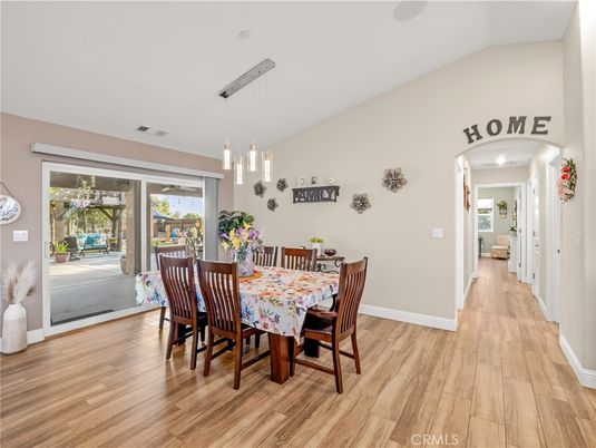 Dining room, Interior, Pendant Lights, Wood Texture Flooring
