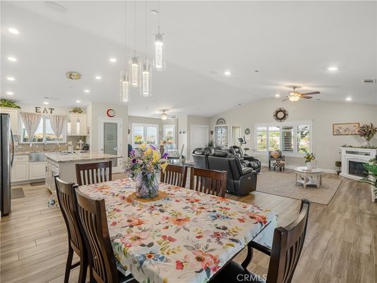 Dining room, Fireplace, Interior, Kitchen, Living room, Pendant Lights, Recessed Lighting, Wood Texture Flooring