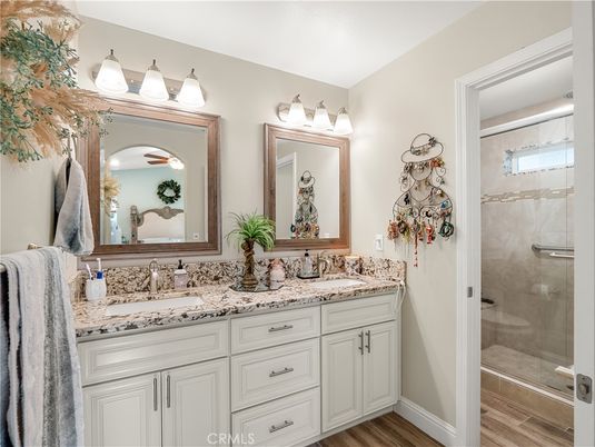 Bathroom, Dual Sink Vanities, Glass Shower, Interior, Wood Texture Flooring