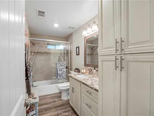 Bathroom, Glass Shower, Interior, Recessed Lighting, Wood Texture Flooring