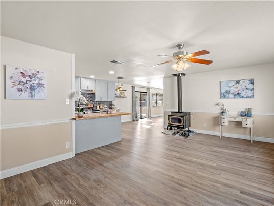 Fireplace, Interior, Kitchen, Pendant Lights, Recessed Lighting, Wood Texture Flooring