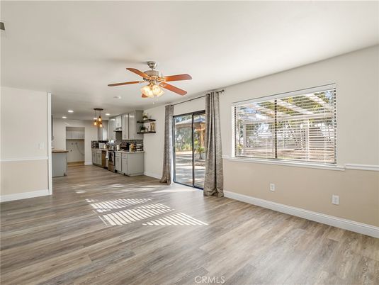 Empty room, Interior, Kitchen, Pendant Lights, Recessed Lighting, Wood Texture Flooring