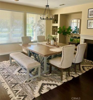 Dining room, Fireplace, Interior, Pendant Lights, Wood Texture Flooring